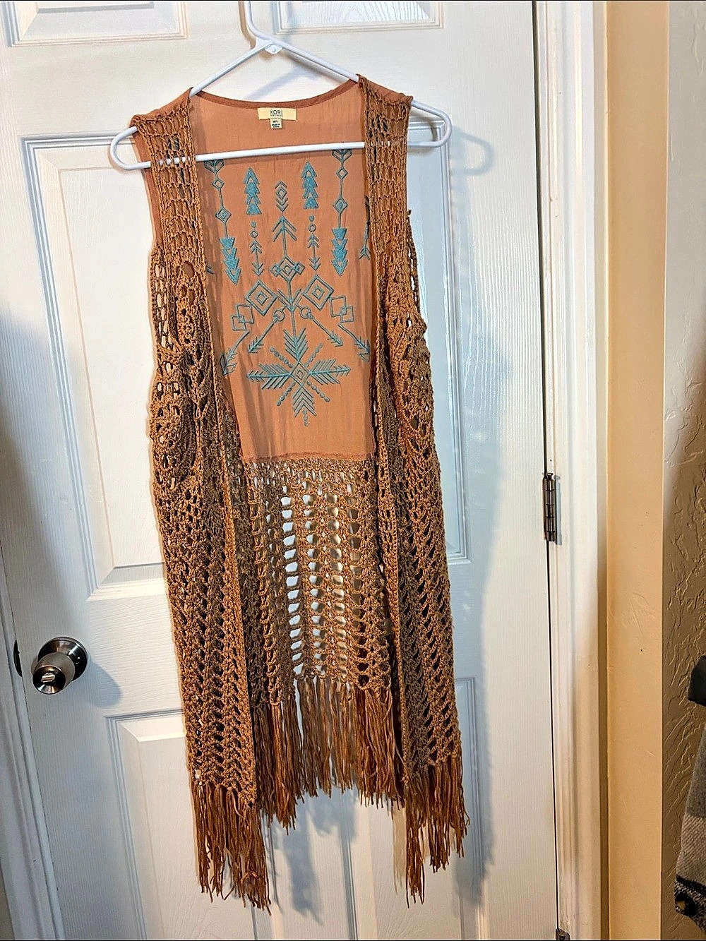 Kori America Crochet Fringe Open Front Vest Brown M/L
